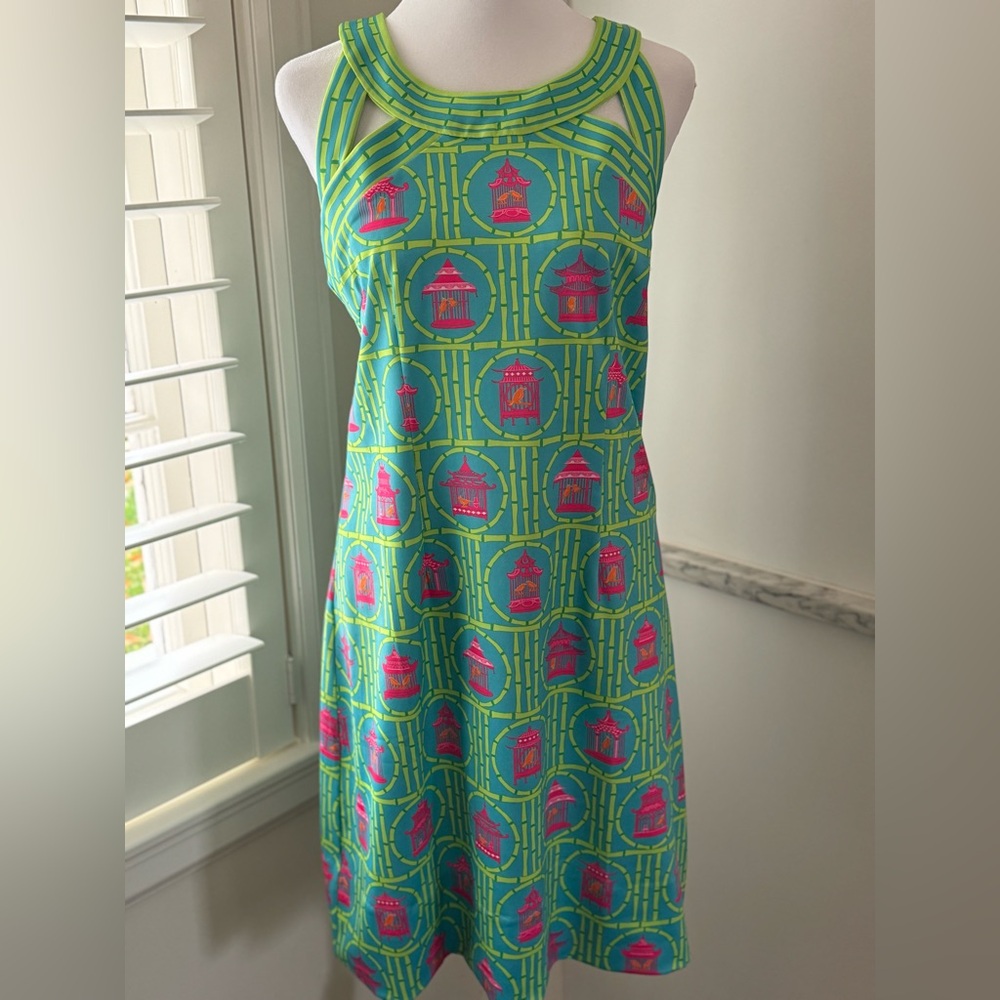 Gretchen Scott Designs Green & Pink Patterned Cutout Neck Sleeveless Dress